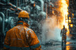 A dramatic illustration of a gas leak being detected and contained by workers, focusing on the urgency and danger,