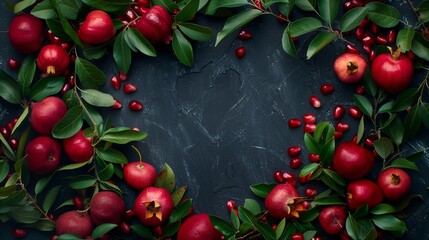 Sticker - Beautiful display of fresh red apples and pomegranates with leaves and loose seeds on a dark background.