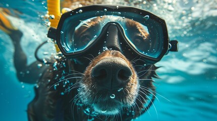 Sticker - Close-up shot of a dog's nose and whiskers in a diving mask, submerged in water.