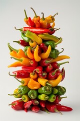 Wall Mural - A colorful stack of various fresh peppers on a white background