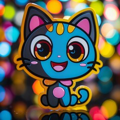 Poster -   A tight shot of a cat sticker on a table against a backdrop of numerous lights