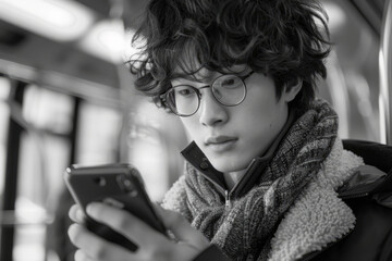 Poster - A teenager using a smartphone to access educational apps while commuting on a bus,