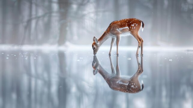   A deer bends to drink from a snow-dotted pond amidst a forest backdrop, surrounded by trees