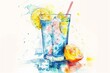 Vibrant watercolor portrayal capturing the cool essence of a refreshing drink with ice and lemon, invoking a refreshing sensation