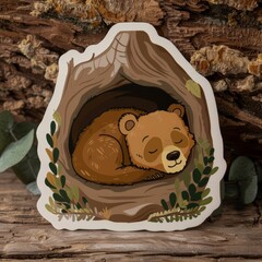 Wall Mural -   A sticker of a sleeping brown bear in a tree hole, surrounded by leaves