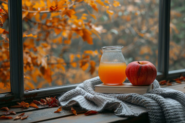 Poster - An artistic collage of autumn showing cozy scenes like warm sweaters, hot apple cider, and books by the window,