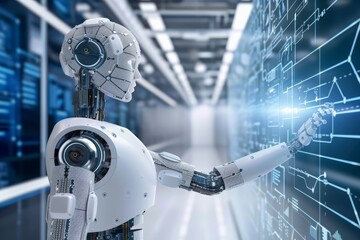 Poster - advanced humanoid robot featuring a head composed of complex, exposed mechanical parts extends arm t