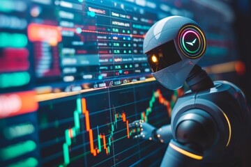 Poster - futuristic humanoid robot circular head display, illuminated eye, studying financial data on vivid d