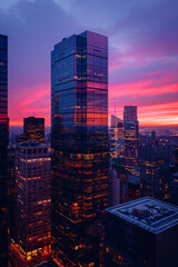Aufkleber - A panoramic view of a city skyline at sunset, highlighting towering skyscrapers with glowing windows,