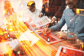 Poster - Double exposure of successful business team and night cityscape