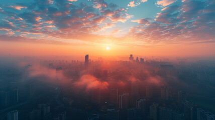 Poster - A panoramic aerial view of the city at dawn, with the early light casting long shadows,