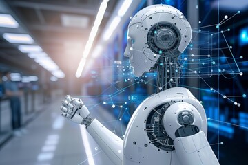 Poster - humanoid robot with a detailed, illuminated head and eyes, touches digital screen with futuristic in