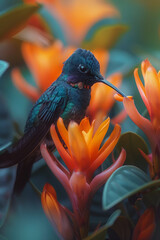 Poster - A close-up of a hummingbird sipping nectar from a vibrant tropical flower,