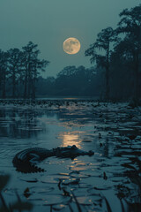 Poster - A moonlit scene in a swamp with a crocodile lurking near the waterâ€™s edge,