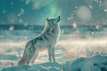 Aufkleber - A snowy landscape with a lone wolf howling beneath the northern lights,