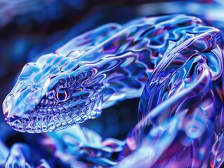 Explore the juxtaposition of fluidity and rigidity in a macro view of a cybernetic creatures reflective scales Infuse the scene with bursts of electric blue and pulsating purple