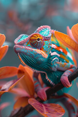 Aufkleber - A close-up of a colorful chameleon perched on a tropical branch,