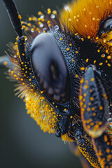 Wall Mural - A close-up of a bee pollinating a sunflower, covered in pollen,