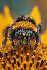 Poster - A close-up of a bee pollinating a sunflower, covered in pollen,