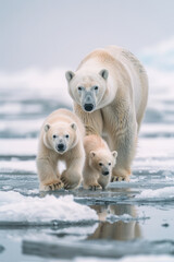 Poster - An arctic scene with a polar bear and her cubs walking across the ice,