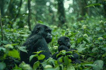 Poster - A jungle clearing with a family of gorillas resting and playing in their natural habitat,