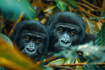 Poster - A jungle clearing with a family of gorillas resting and playing in their natural habitat,