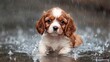   A small brown-and-white dog stands in a puddle, its head above the water's surface