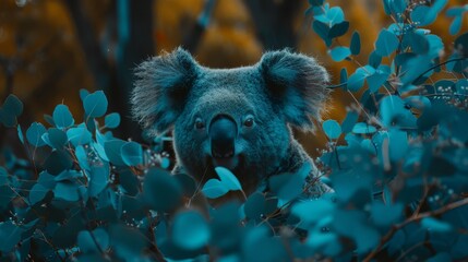 Wall Mural -   A koala, in a tight shot, sits in a tree, surrounded by leaves on its branches It gazes directly at the camera