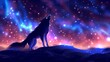   A wolf atop a hill under the night sky, star-studded and glowing with celestial light