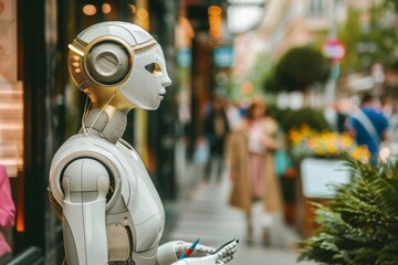 Poster - Female humanoid robot equipped with headphones and stylus, navigating urban shopping district depicts seamless blend of advanced robotics and human environments, evoking thoughts of futuristic society