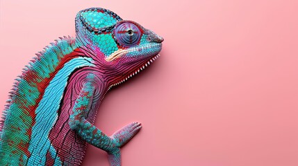 Poster -   A vibrant chameleon perched on a pink-and-blue wall against a backdrop of two shades of pink