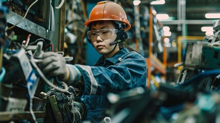 Wall Mural - Focused young Asian female engineer wearing a helmet and safety goggles working in a factory.