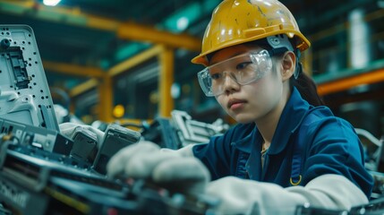 Wall Mural - Focused young Asian female engineer working on machinery parts in an industrial setting.