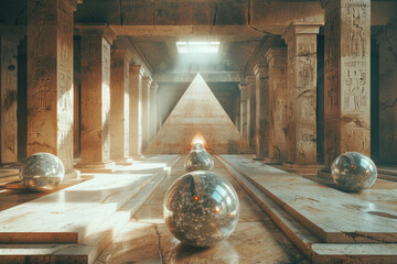 Poster - A complex arrangement of spheres and pyramids that appear to pulsate and move as the viewer's perspective changes.