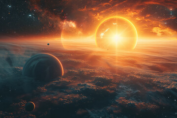 Leinwandbilder - A serene scene of an exoplanetary system with multiple habitable planets, each with unique atmospheric features,