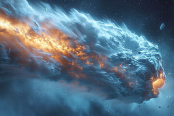 Fototapete - A 3D model of an icy comet nucleus, revealing its structure as it heats up and releases jets of gas and dust,
