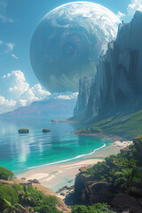 Leinwandbilder - A conceptual view of a habitable exoplanetâ€™s ecosystem, complete with oceans, mountains, and clouds,