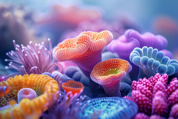 Aufkleber - A 3D abstract rendering of a coral reef, with exaggerated colors and geometrically shaped corals,