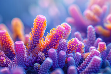 Poster - A 3D abstract rendering of a coral reef, with exaggerated colors and geometrically shaped corals,