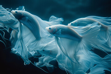 Poster - A surreal depiction of a school of fish, each shaped like flowing ribbons, weaving through abstract water currents,