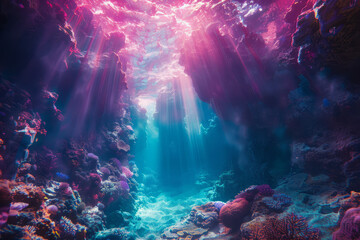 Poster - An abstract underwater cave system, with walls that pulse with vibrant, neon colors,