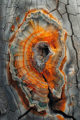 A realistic rendering of a cross-section of petrified wood, showing the transition from wood to stone with vivid color details,