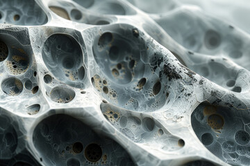 Fototapete - A close-up 3D model of volcanic rock, with porous surfaces and rough, jagged edges,