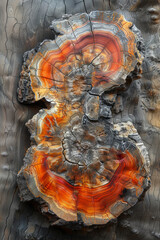 Poster - A realistic rendering of a cross-section of petrified wood, showing the transition from wood to stone with vivid color details,