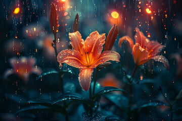 Fototapete - A garden where the flowers are colorful flames dancing on their stems, under a sky raining gentle music notes,