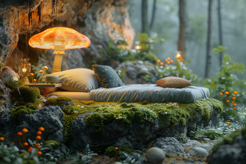 Poster - A bedroom where the bed is a soft, mossy hill, and the lamp is a bioluminescent mushroom,