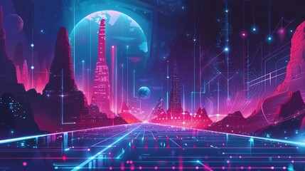 Poster - Futuristic cityscape with digital elements, concept of modern technology. Virtual urban lifestyle.