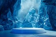 An icy cave with a glowing blue crystal in the center.