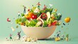 Giant salad bowl with tiny people, healthy lifestyle promotion. Nutritious eating habits.