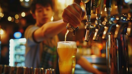 Wall Mural - A bartender pouring a glass of beer at a bar, with a focus on the tap and glass in a vibrant setting.